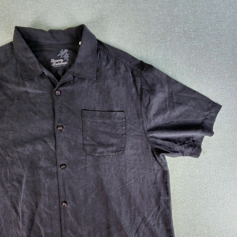 Tommy Bahama Mens XL‎ Black 100% Silk Short Sleeve Button Up Camp Shirt Luxury